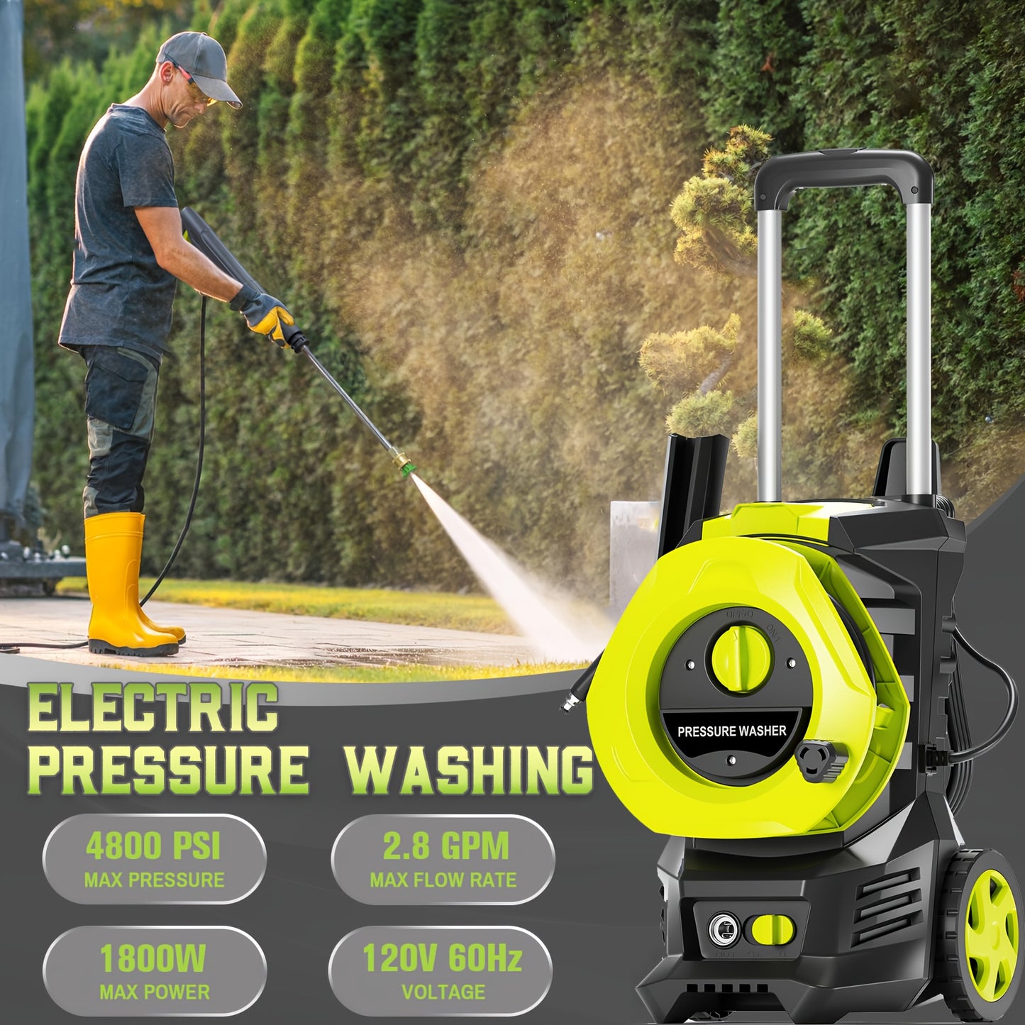 4800PSI Heavy Duty Electric Pressure Washer With 25FT Hose Reel, 4 Nozzles & Foam Cannon - 2.8GPM Power Washer For Cars, Fences, Patio - US Plug, Metal Construction, Fence Cleaning | Robust Outdoor Tool, Pressure Washer Acces
