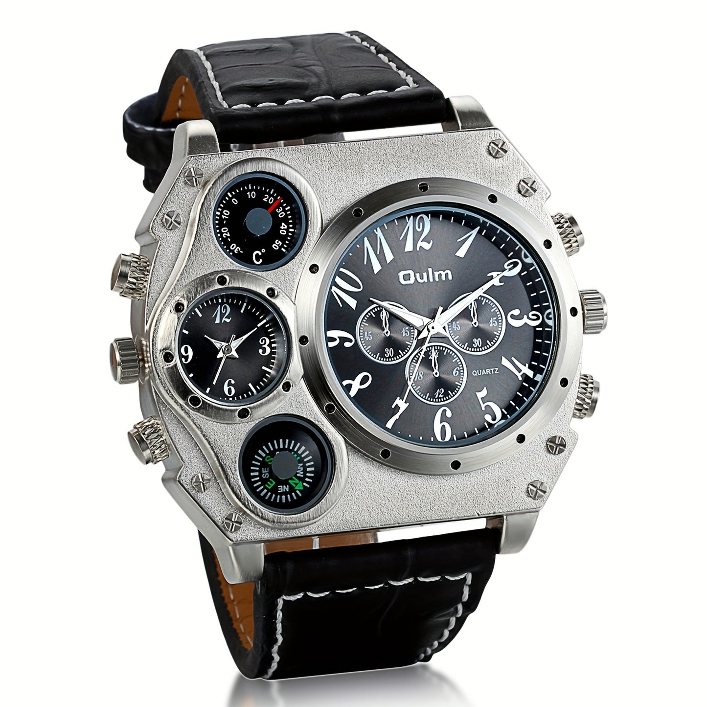 Men 2 Time Zone Big Quartz Watch Mens Faux Leather Wrist Watch Casual Sports Wirstwatch