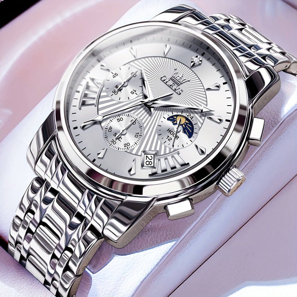 OLEVS Watch for Men Chronograph Stainless Steel Case Analog Quartz Fashion Business Dress Large Face Men Watch Day Date Luminous Waterproof Casual Male Wrist Watch