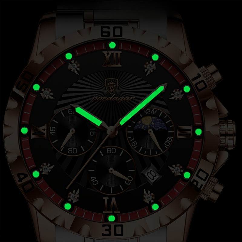 POEDAGAR Authentic Men'S Watch, Multifunctional Sports Watch with Three Sub-Dials And Six Hands, Strong Luminous Feature, Embedded with Synthetic Diamonds, a Premium Men'S Wristwatch, Couple'S Watch, Perfect for Holidays And