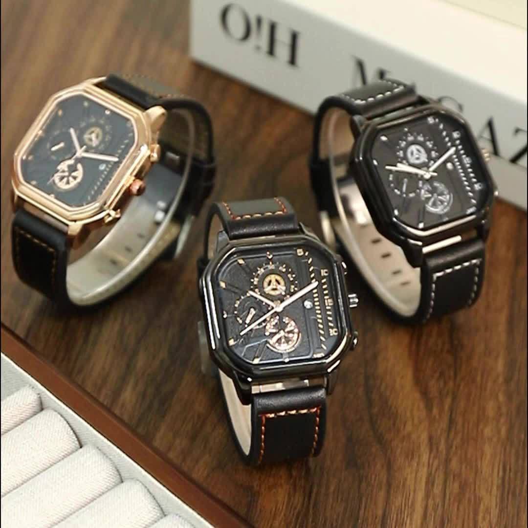 Men's Vintage Sports Quartz Watch with Large Dial, Date Calendar, Rose Golden Accents & Black Faux Leather Strap - Business Casual Wristwatch, Ideal Gift for Him, Everyday Luxury Watch, Durable Wristwatch