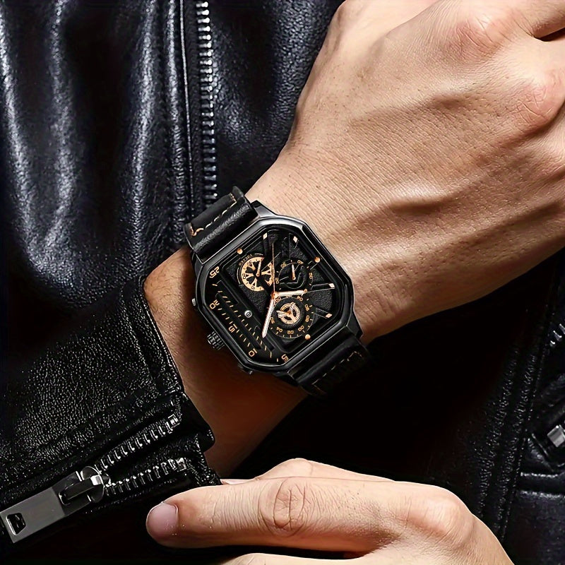 Men's Vintage Sports Quartz Watch with Large Dial, Date Calendar, Rose Golden Accents & Black Faux Leather Strap - Business Casual Wristwatch, Ideal Gift for Him, Everyday Luxury Watch, Durable Wristwatch
