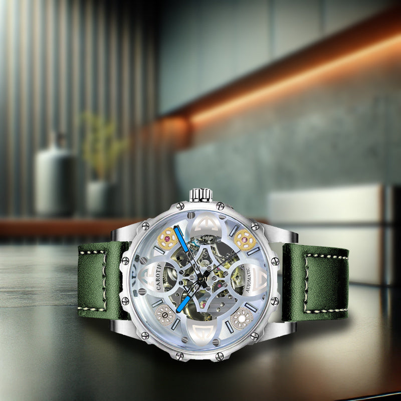 1pcs Green (Men's) Belt Personality Style Design Novel Chic Automatic Hollow Four-Leaf Clover Mechanical Watch