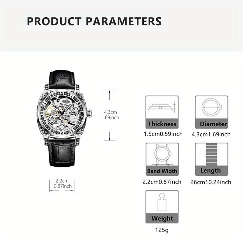 1pc Men's Silvery-Black Belt Retro Style Handsome Personality Luminous Engraved Automatic Mechanical Watch