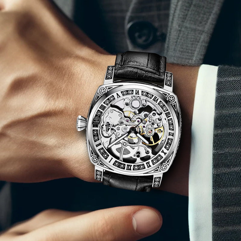1pc Men's Silvery-Black Belt Retro Style Handsome Personality Luminous Engraved Automatic Mechanical Watch
