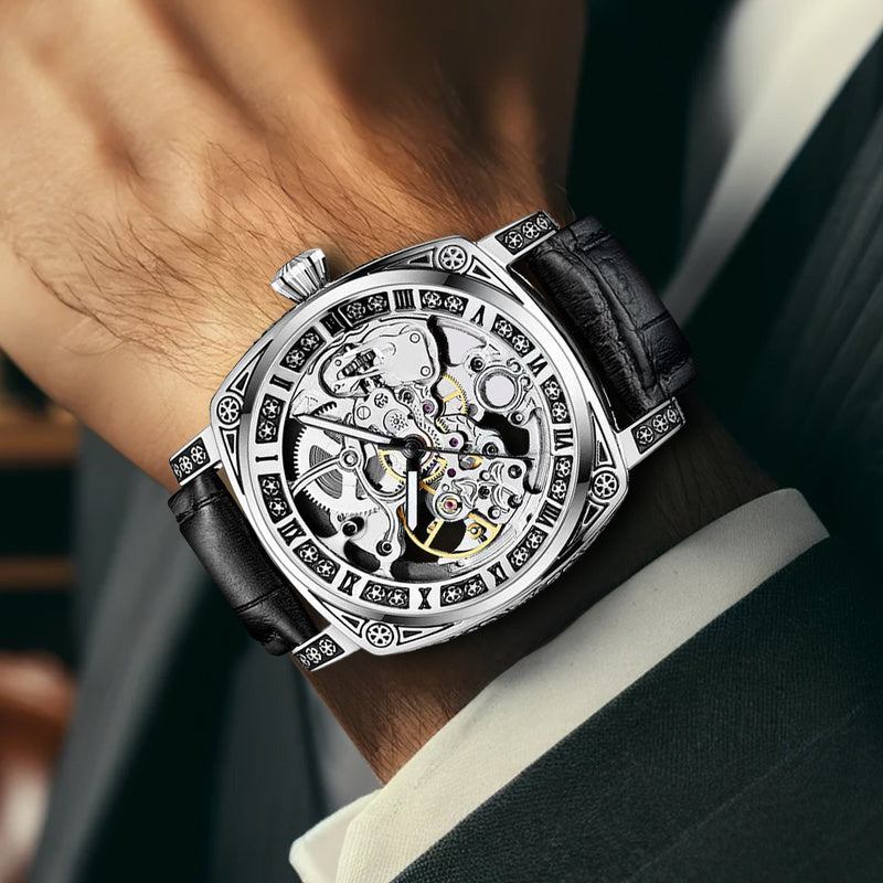 1pc Men's Silvery-Black Belt Retro Style Handsome Personality Luminous Engraved Automatic Mechanical Watch