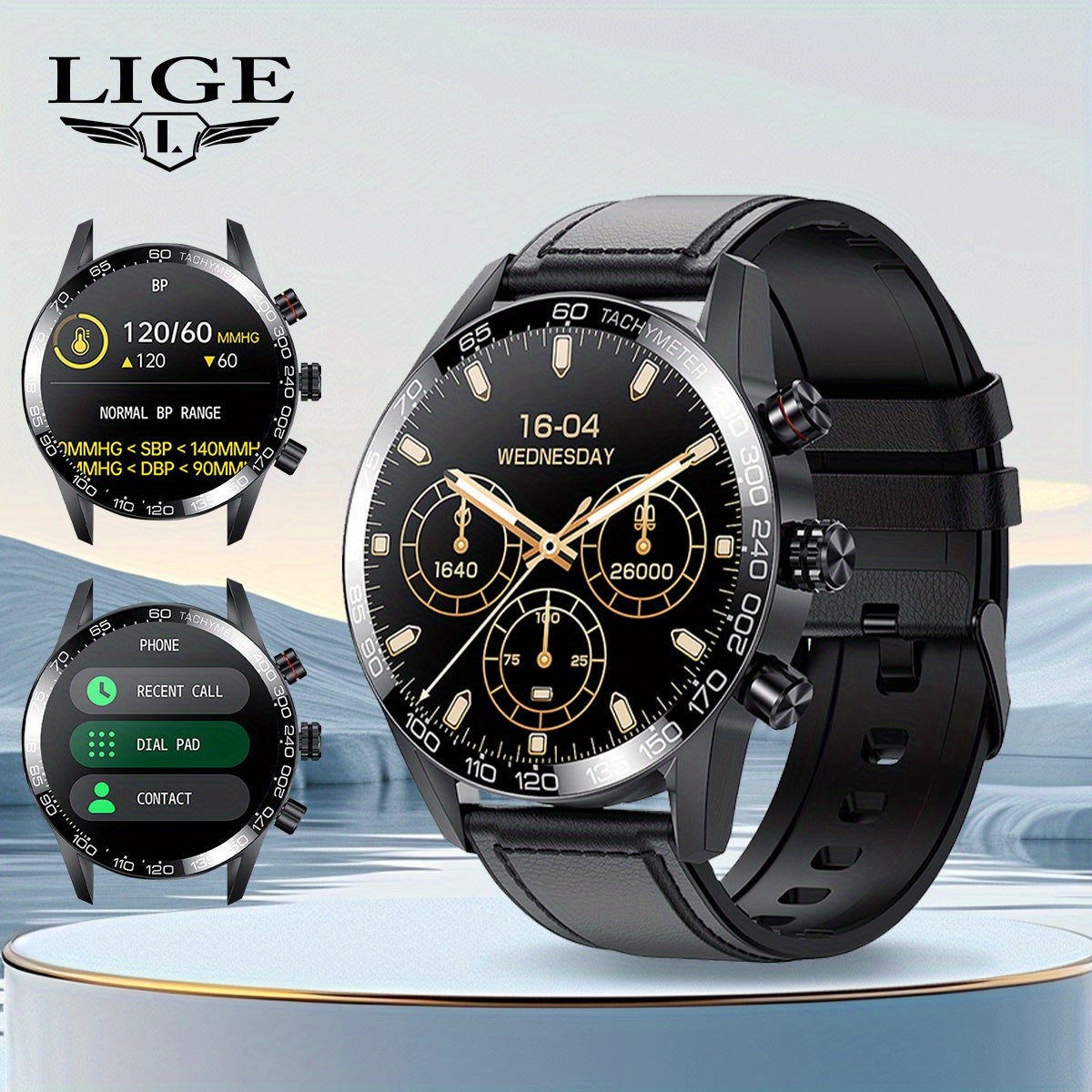 LIGE Men'S Business Smart Watch, Multi-Functional Sports Timing, Digital Display, USB Charging, Water-Resistant, Round Zinc Alloy Case, Calendar Feature, Wireless Call & Remote Control, Rechargeable Lithium Polymer Battery, F