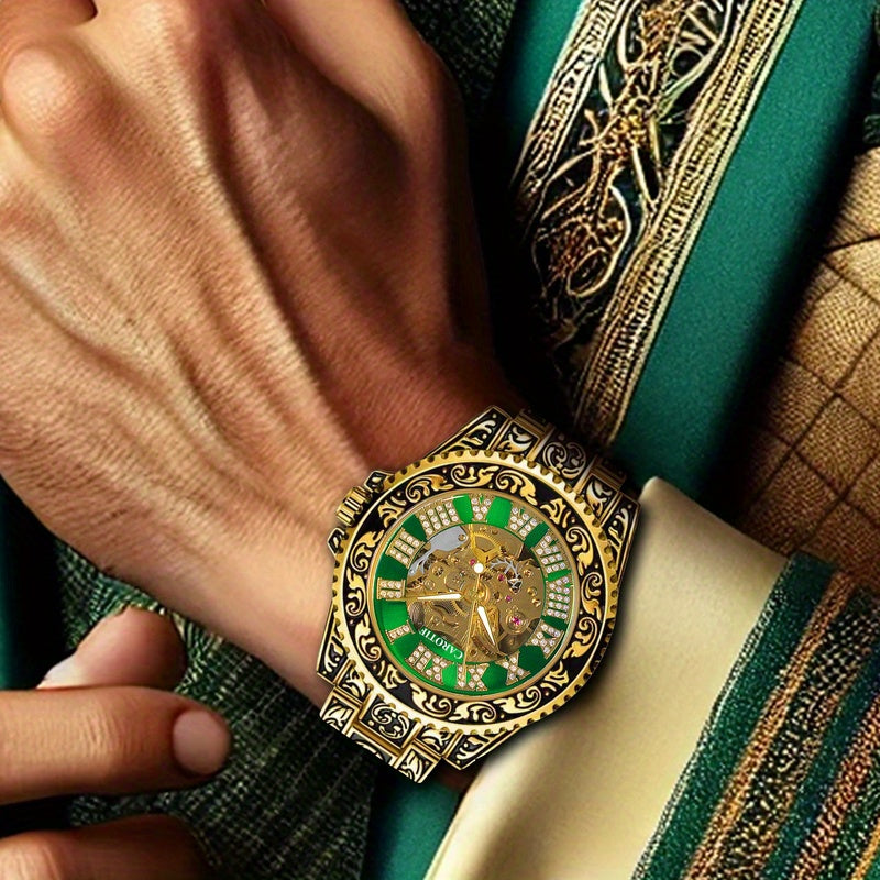1pcss Men'S Golden Green Steel Belt Retro Style Classical Fashion Rose Carving Automatic Mechanical Watch