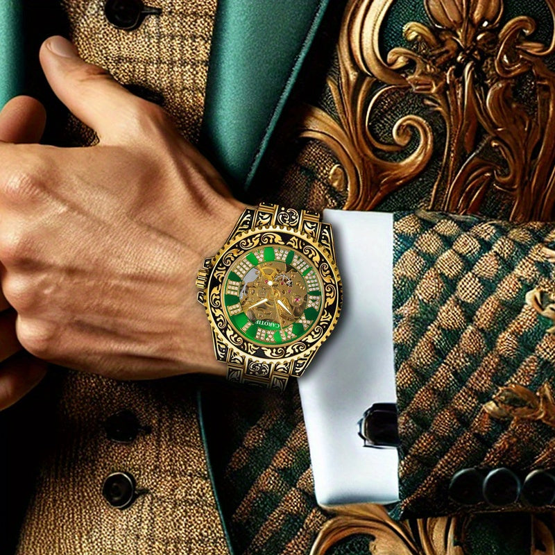 1pcss Men'S Golden Green Steel Belt Retro Style Classical Fashion Rose Carving Automatic Mechanical Watch