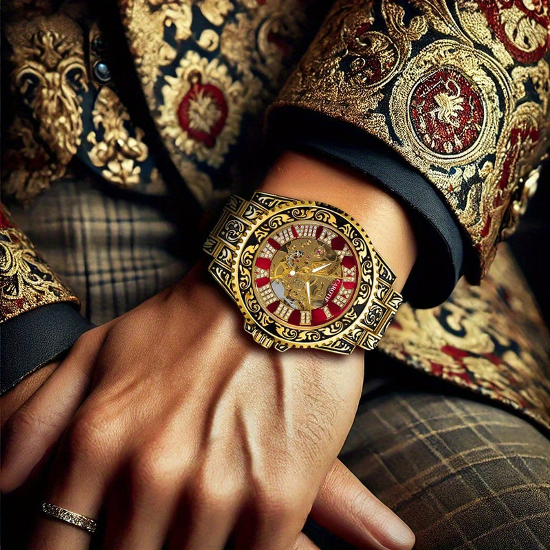 1pc Men'S Red Steel Belt Retro Style Design Novel Fashion Luminous Carved Mechanical Watch