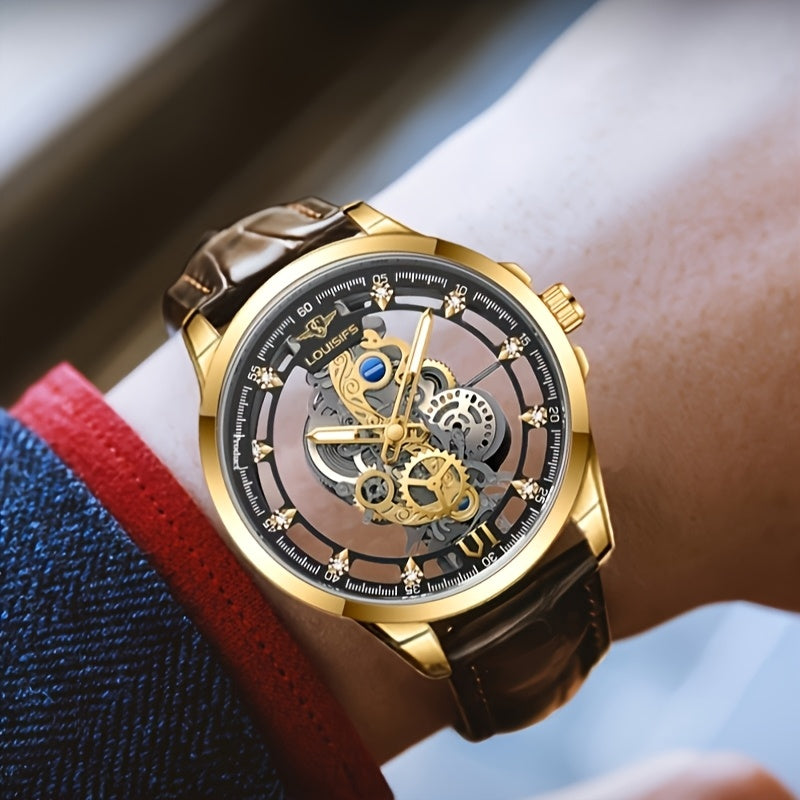 Men's Double-Sided Hollow Luminous Quartz Watch with Mechanical Automatic Movement, Transparent Case & Date Display - Business Casual Dress Watch, Ideal Gift for Him