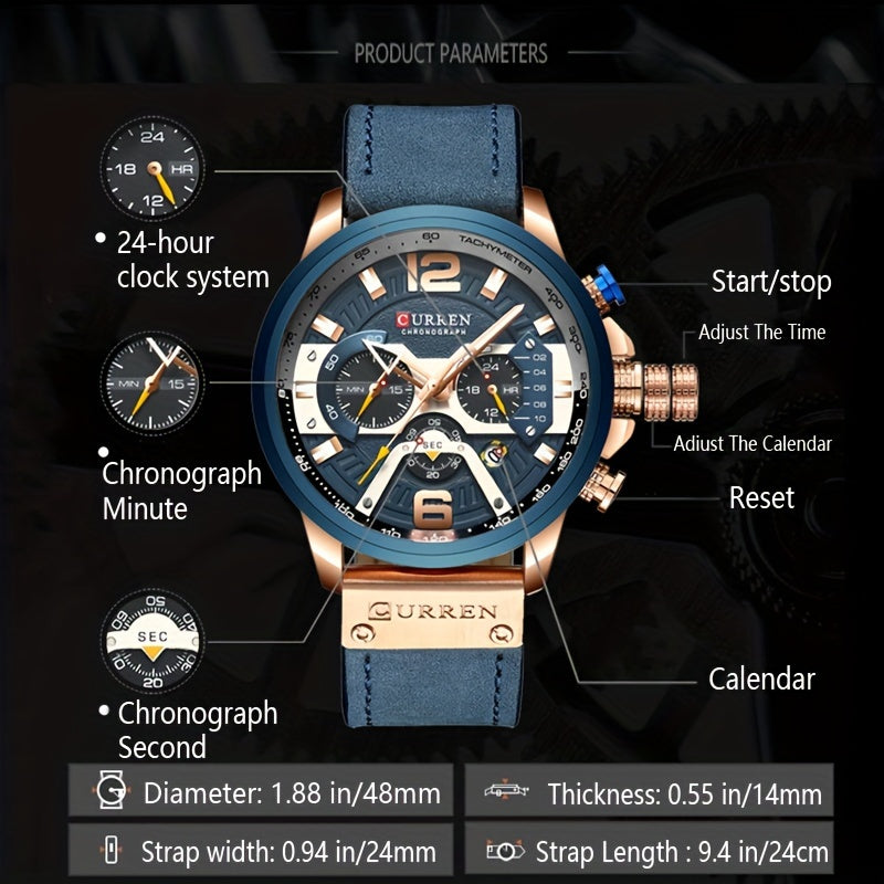 Curren Mens Watches Business Chronograph Faux Leather Strap Analog Quartz Wrist Watch