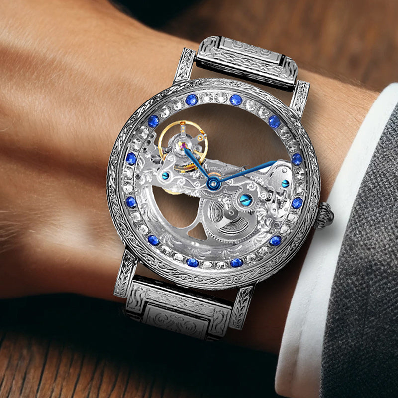 1pc Men's Silvery Steel Strip Fashion Style Gorgeous Carved Set Flywheel Mechanical Watch
