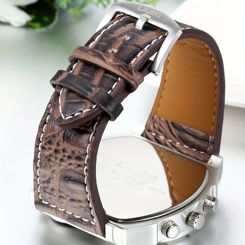 Men 2 Time Zone Big Quartz Watch Mens Faux Leather Wrist Watch Casual Sports Wirstwatch