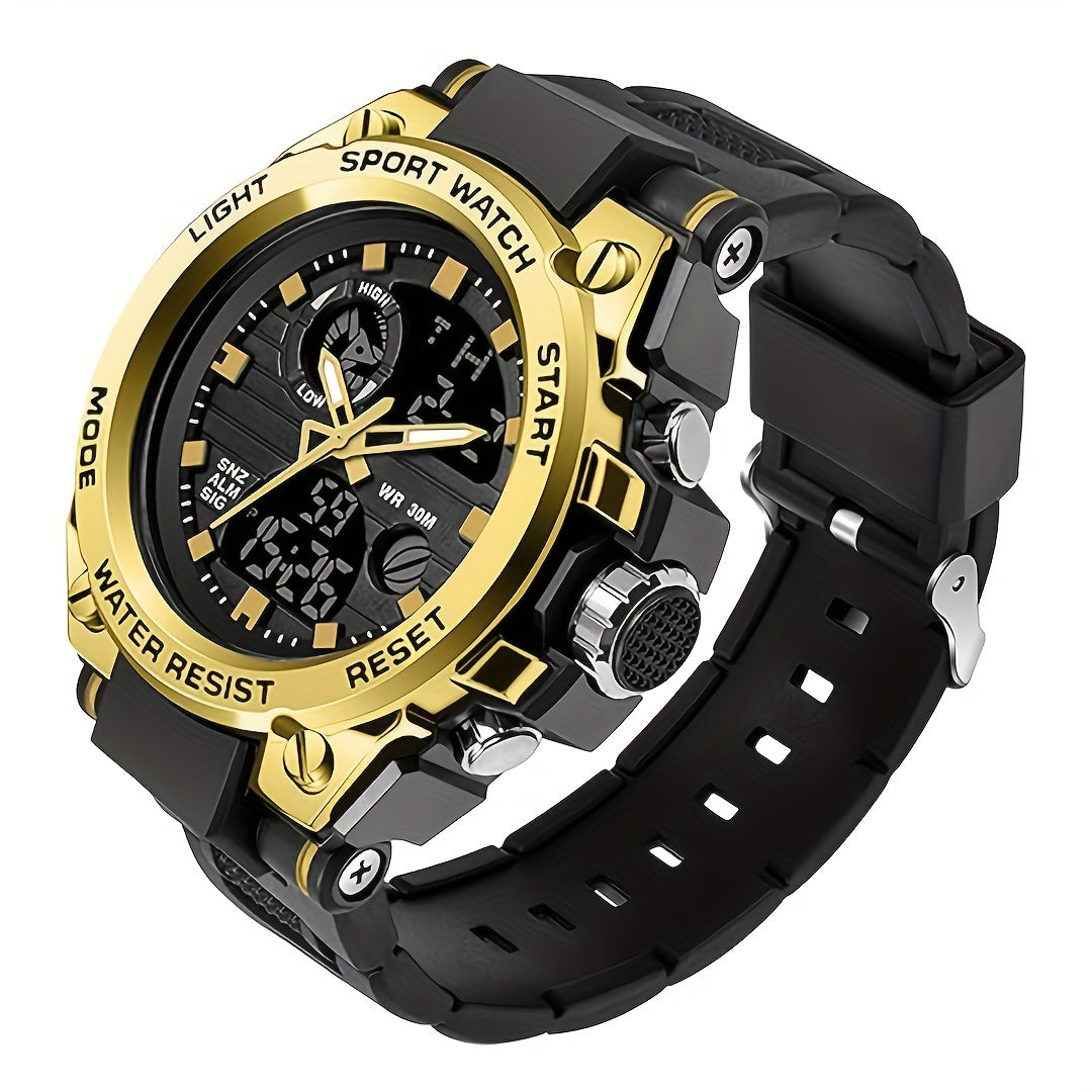 Rugged Men's LED Digital & Analog Sports Watch - to 30m, Stopwatch, Dual Display, Durable Black Resin Band, Zinc Alloy Case, for Outdoor Adventures