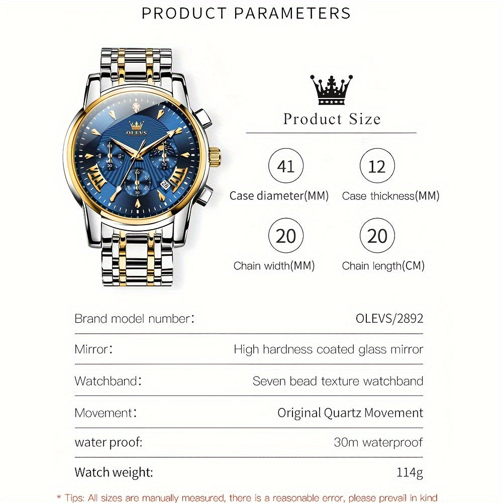 OLEVS Watch for Men Chronograph Stainless Steel Case Analog Quartz Fashion Business Dress Large Face Men Watch Day Date Luminous Waterproof Casual Male Wrist Watch