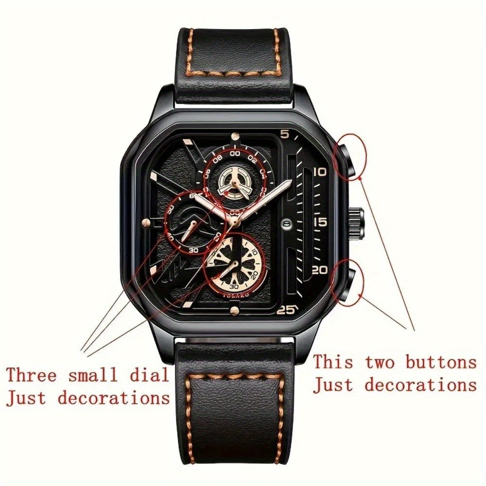 1pc Vintage Faux Leather Sport Wrist Watch - Stylish Black Quartz Movement with Square Dial, Brown Faux Leather Strap & Golden-Tone Accents, Casual Business Casual Attire, Father'S Day Gift, Campus Accessory, Vintage Wristwat