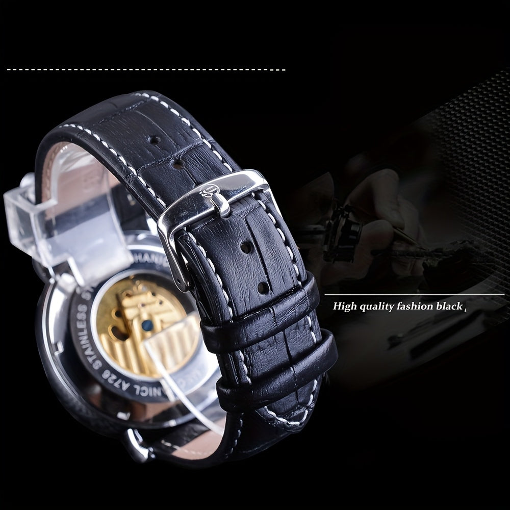 Forsining Vintage Royal Golden Men's Skeleton Watch - Tourbillon & Moon Dial, Blue Hands, Stainless Steel Case, Faux Leather Strap - Elegant Business Fashion Wristwatch, Mechanical Watches, Ideal Luxury Gifts, Casual