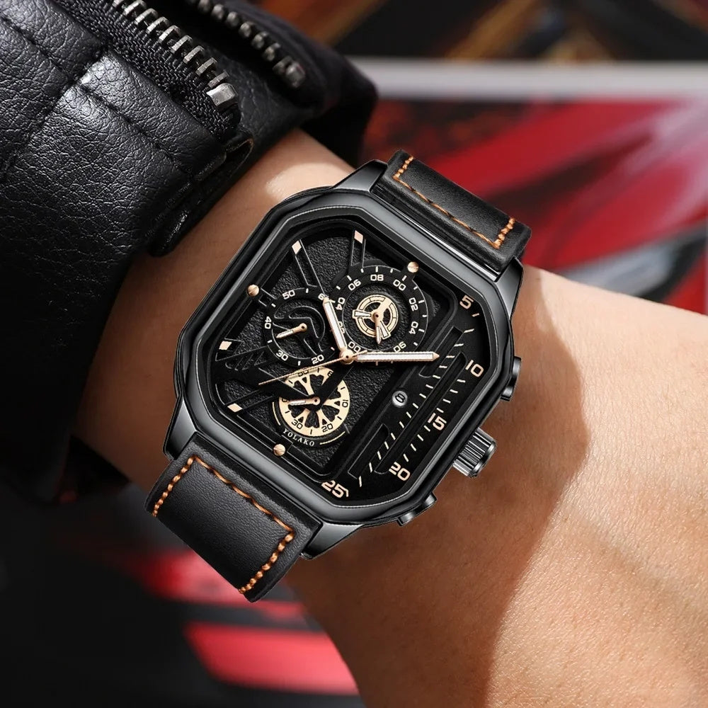 1pc Vintage Faux Leather Sport Wrist Watch - Stylish Black Quartz Movement with Square Dial, Brown Faux Leather Strap & Golden-Tone Accents, Casual Business Casual Attire, Father'S Day Gift, Campus Accessory, Vintage Wristwat