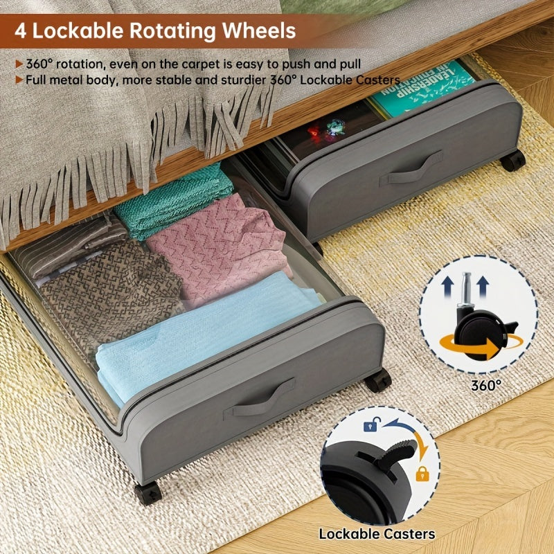 2pcs Under Bed Storage Organizer Metal Underbed Bins With Wheels And Lid Metal Underbed Storage Containers Under Bed Rolling Storage For Clothes, Bedding, Shoes, Blankets, Books, Toys, Baskets, Bins & Containers for Home Orga