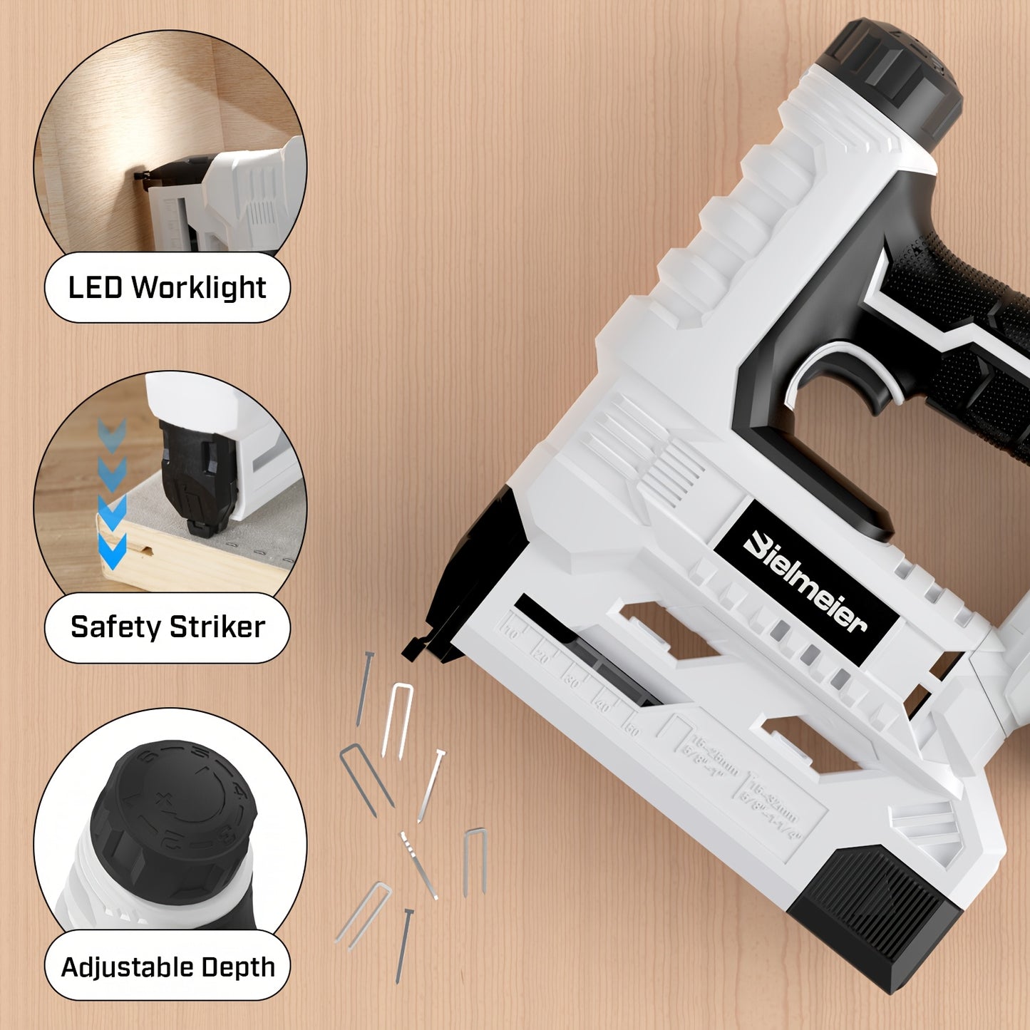 Bielmeier 20V/4V Cordless 2-in-1 Nail Gun, No Compressor, No Cord, Lightweight Design, for Carpentry And Upholstery, with LED Work Light, Safety Striker Guard, Adjustable Depth Design, with Battery&Charger, 1600/2000 Nails An