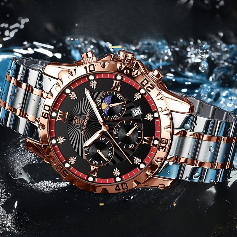 POEDAGAR Authentic Men'S Watch, Multifunctional Sports Watch with Three Sub-Dials And Six Hands, Strong Luminous Feature, Embedded with Synthetic Diamonds, a Premium Men'S Wristwatch, Couple'S Watch, Perfect for Holidays And