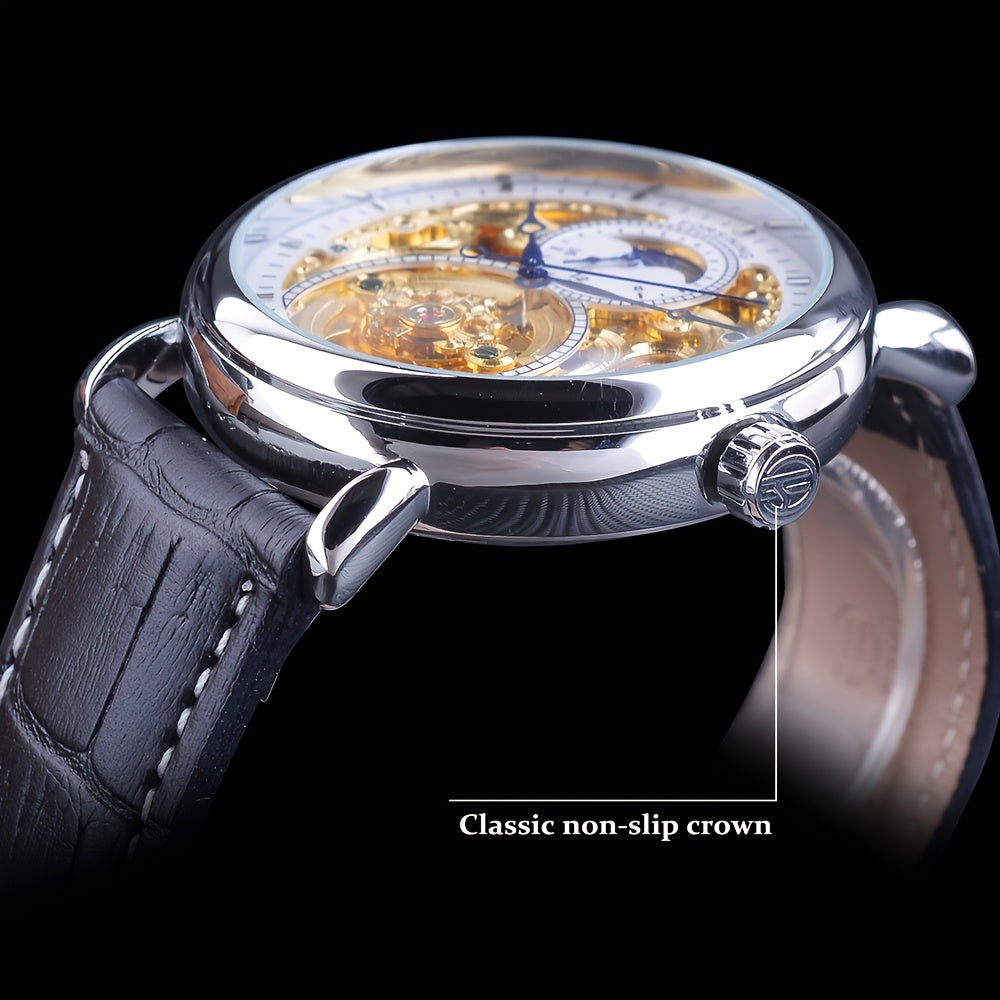 Forsining Vintage Royal Golden Men's Skeleton Watch - Tourbillon & Moon Dial, Blue Hands, Stainless Steel Case, Faux Leather Strap - Elegant Business Fashion Wristwatch, Mechanical Watches, Ideal Luxury Gifts, Casual