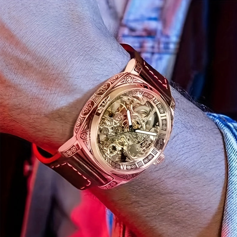 Men'S Golden Automatic Mechanical Watch with Hollowed-Out Skull Dial, Roman Numerals & World Time Function - Luxury Round Formal & Casual Wristwatch with Black Faux Leather Strap, Mechanical Movement, No Battery Needed, Forma