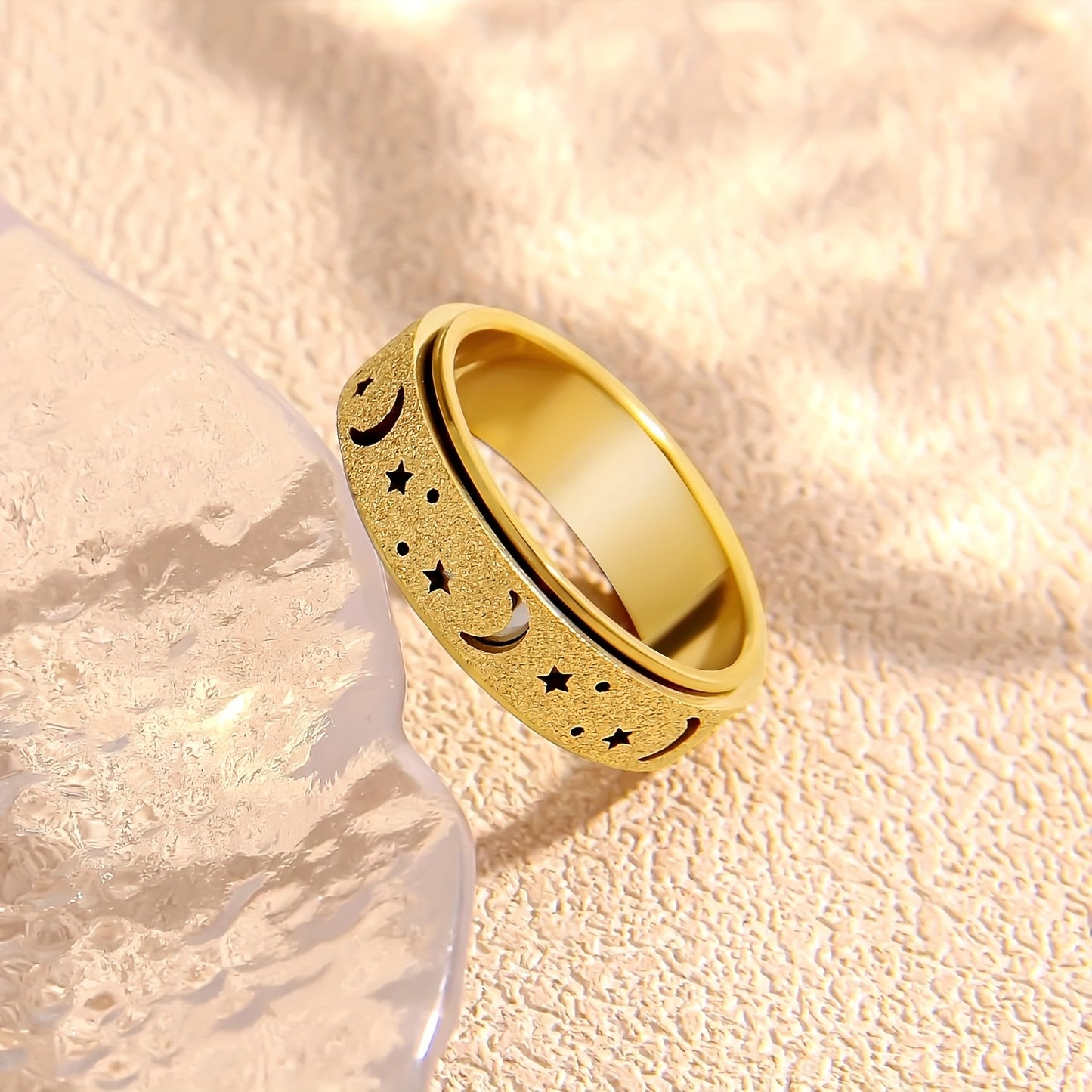 Unique Spinner Ring for Women & Men - Rotatable Moon Star Design with Stainless Steel Finish, Gift for Eid, Ramadan