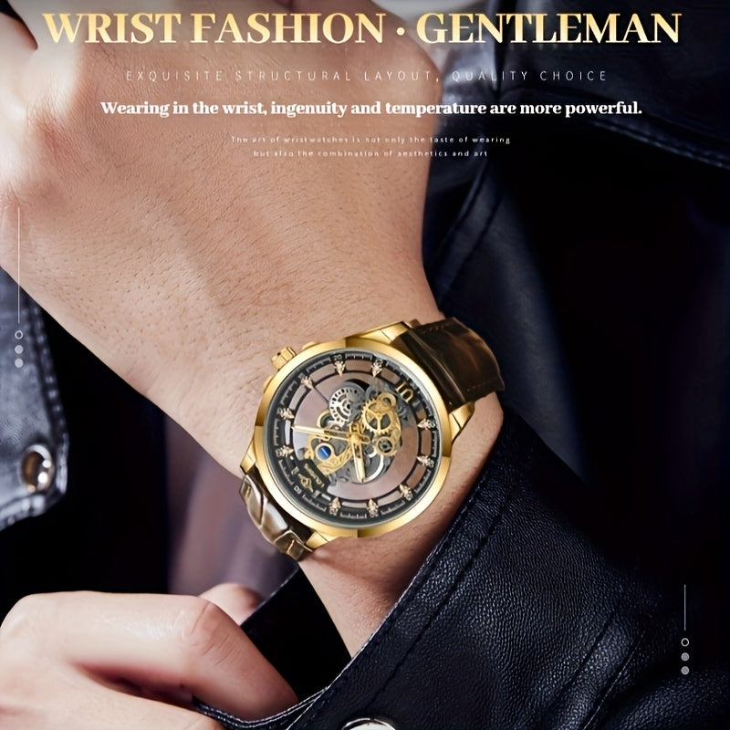 Men's Double-Sided Hollow Luminous Quartz Watch with Mechanical Automatic Movement, Transparent Case & Date Display - Business Casual Dress Watch, Ideal Gift for Him