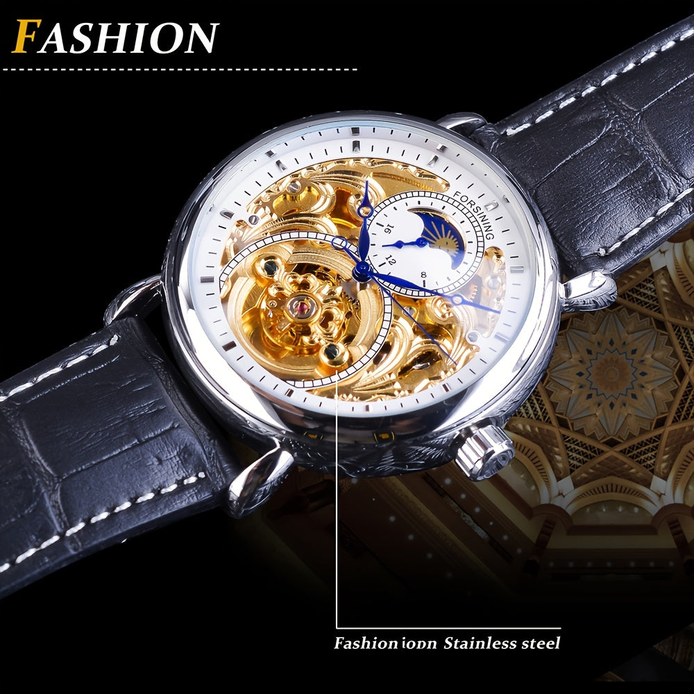 Forsining Vintage Royal Golden Men's Skeleton Watch - Tourbillon & Moon Dial, Blue Hands, Stainless Steel Case, Faux Leather Strap - Elegant Business Fashion Wristwatch, Mechanical Watches, Ideal Luxury Gifts, Casual
