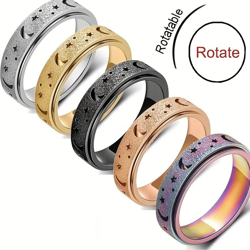 Unique Spinner Ring for Women & Men - Rotatable Moon Star Design with Stainless Steel Finish, Gift for Eid, Ramadan