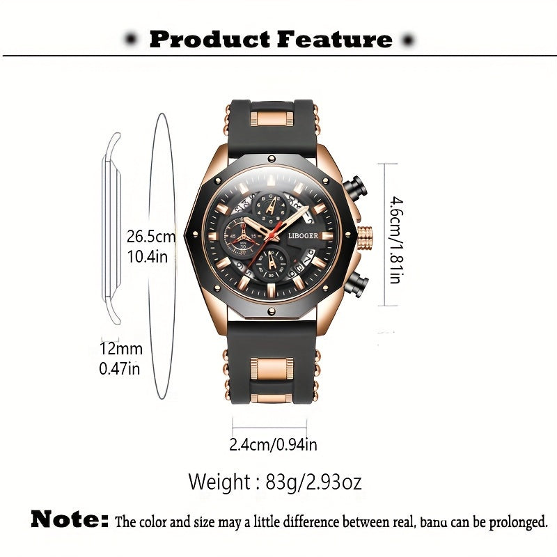 Men's Business Quartz Watch with Date Calendar, Large Blue Dial & Rose Golden Accents - Durable Silicone Strap, High Quality Casual & Formal Wristwatch for Men, Professional Timepiece, Sturdy Construction