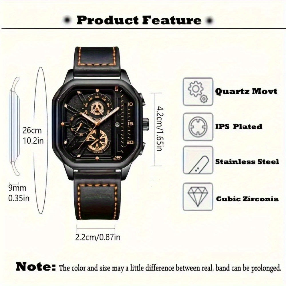 1pc Vintage Faux Leather Sport Wrist Watch - Stylish Black Quartz Movement with Square Dial, Brown Faux Leather Strap & Golden-Tone Accents, Casual Business Casual Attire, Father'S Day Gift, Campus Accessory, Vintage Wristwat