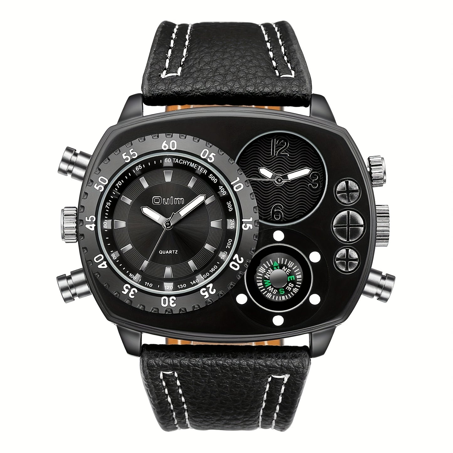 Men 2 Time Zone Big Quartz Watch Mens Faux Leather Wrist Watch Casual Sports Wirstwatch