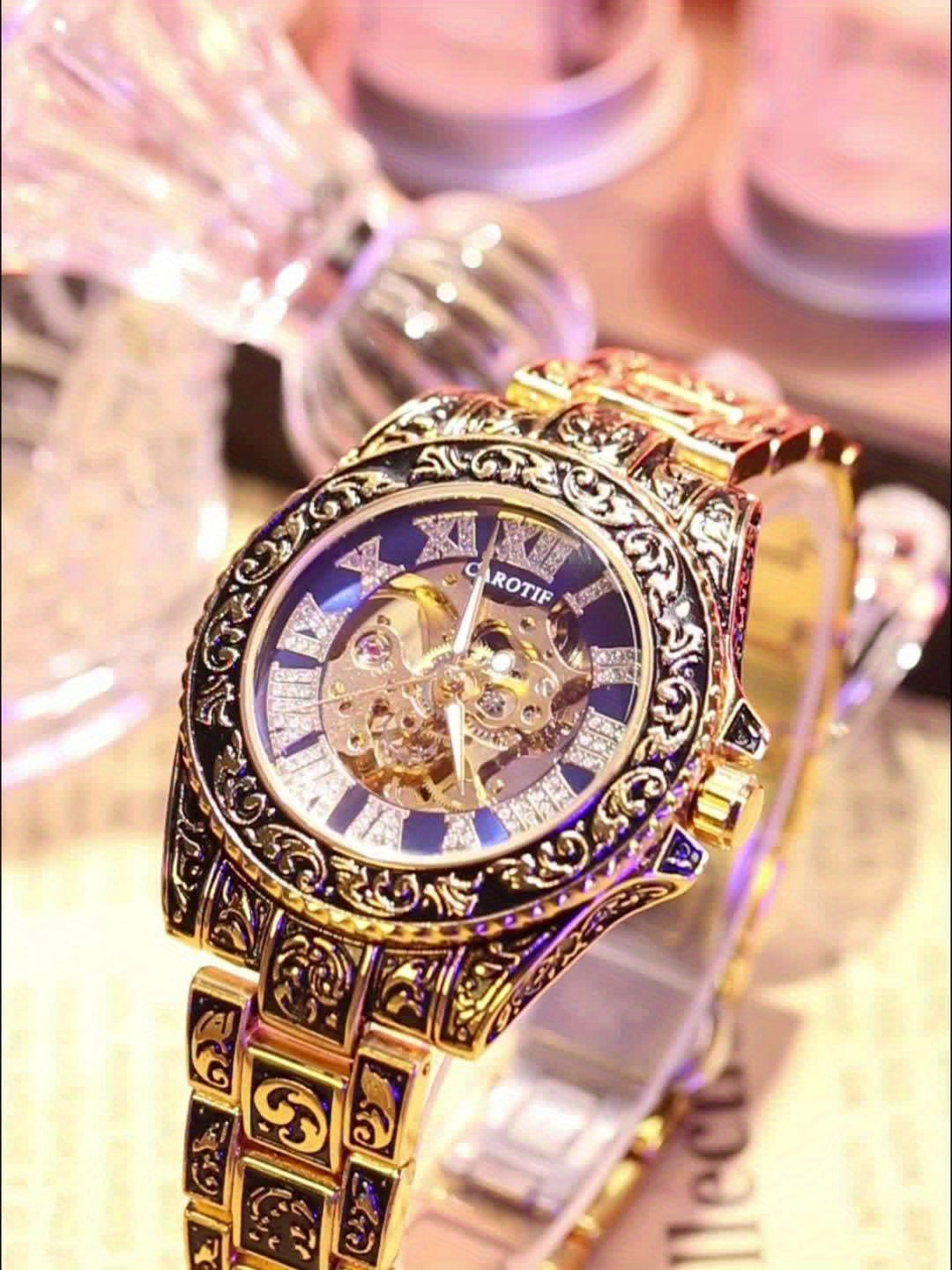 1pc Men'S Red Steel Belt Retro Style Design Novel Fashion Luminous Carved Mechanical Watch
