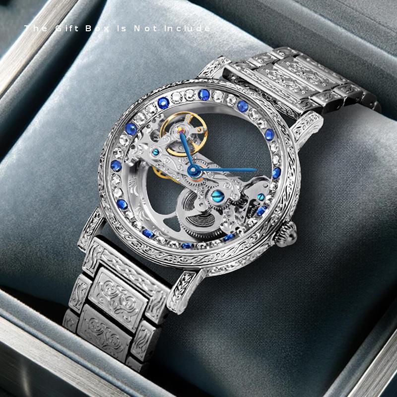 1pc Men's Silvery Steel Strip Fashion Style Gorgeous Carved Set Flywheel Mechanical Watch