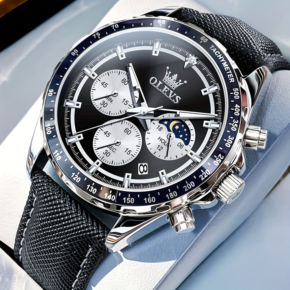 OLEVS Men'S Luxury Watches Blue Leather, Casual Watches for Men, Chronograph Watches Moon Phase Quartz Male Watch Wrist Watch Big Face with Calendar Wristwatch Relojes De Hombre