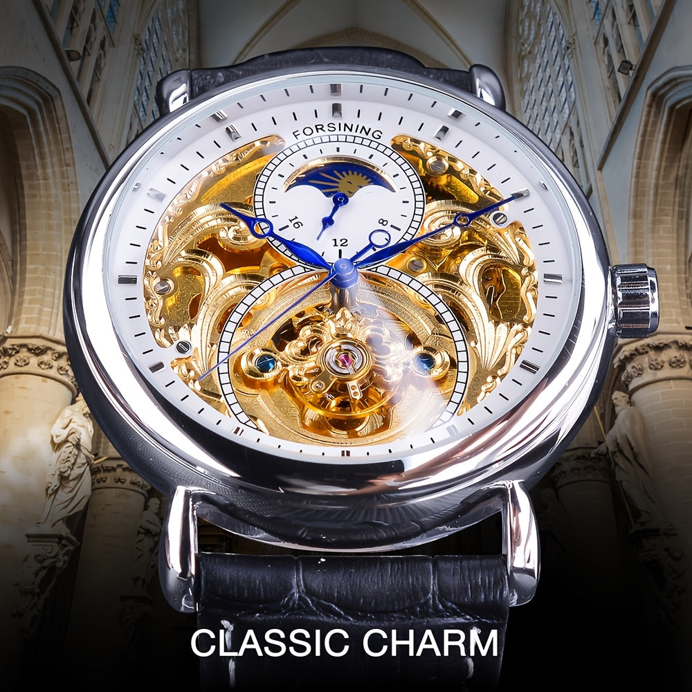 Forsining Vintage Royal Golden Men's Skeleton Watch - Tourbillon & Moon Dial, Blue Hands, Stainless Steel Case, Faux Leather Strap - Elegant Business Fashion Wristwatch, Mechanical Watches, Ideal Luxury Gifts, Casual