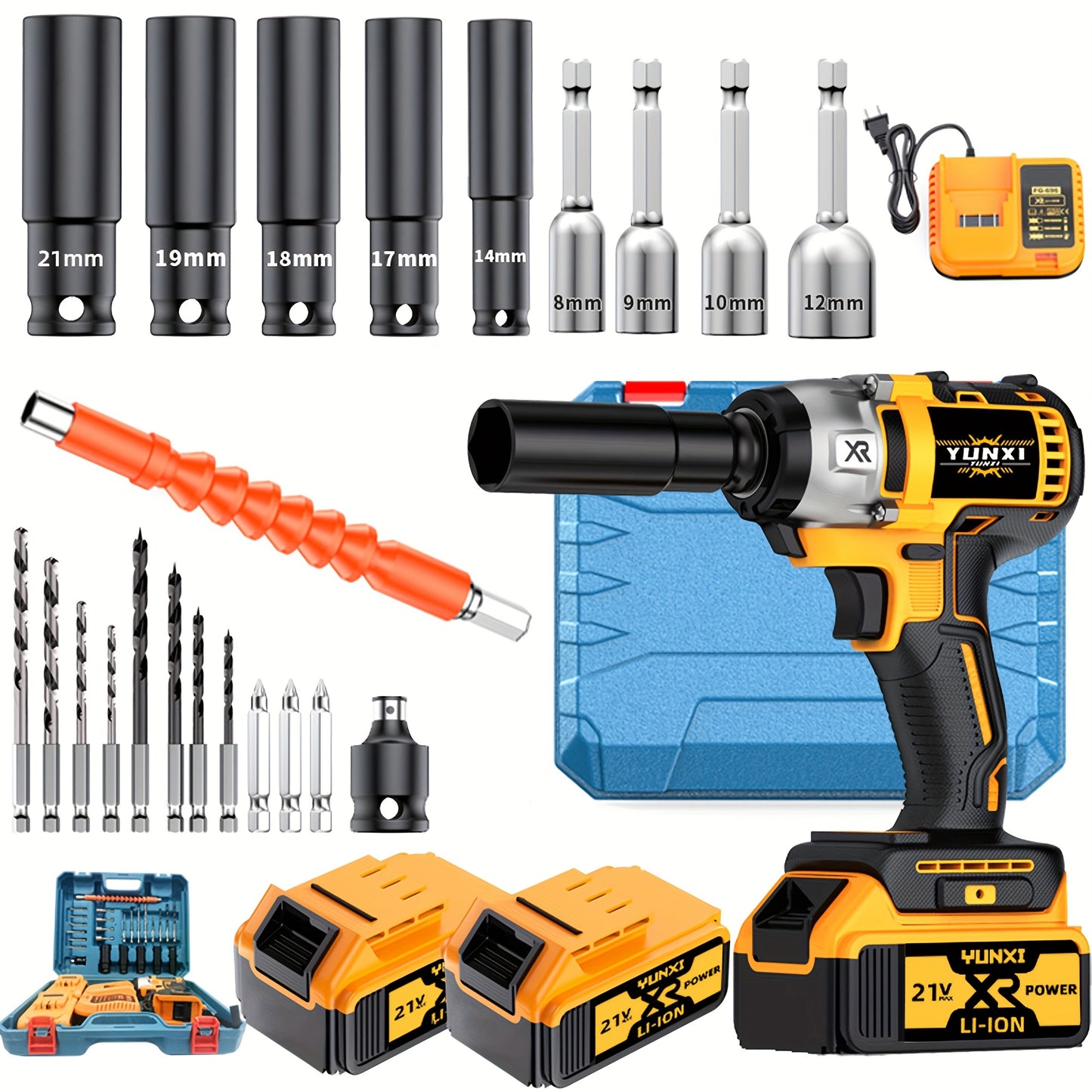 21V Cordless Impact Wrench Wireless Drill Kit, Brushless Electric Impact Gun Drill, Impact Wrench Drill, Equipped With 4000mAh Battery, Toolbox, Charger, Socket And Complete Accessories. Suitable For Men'S Gifts In Cars And H