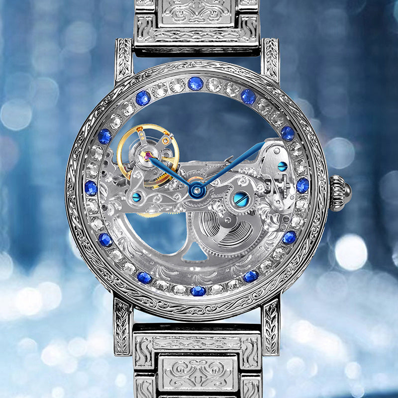 1pc Men's Silvery Steel Strip Fashion Style Gorgeous Carved Set Flywheel Mechanical Watch