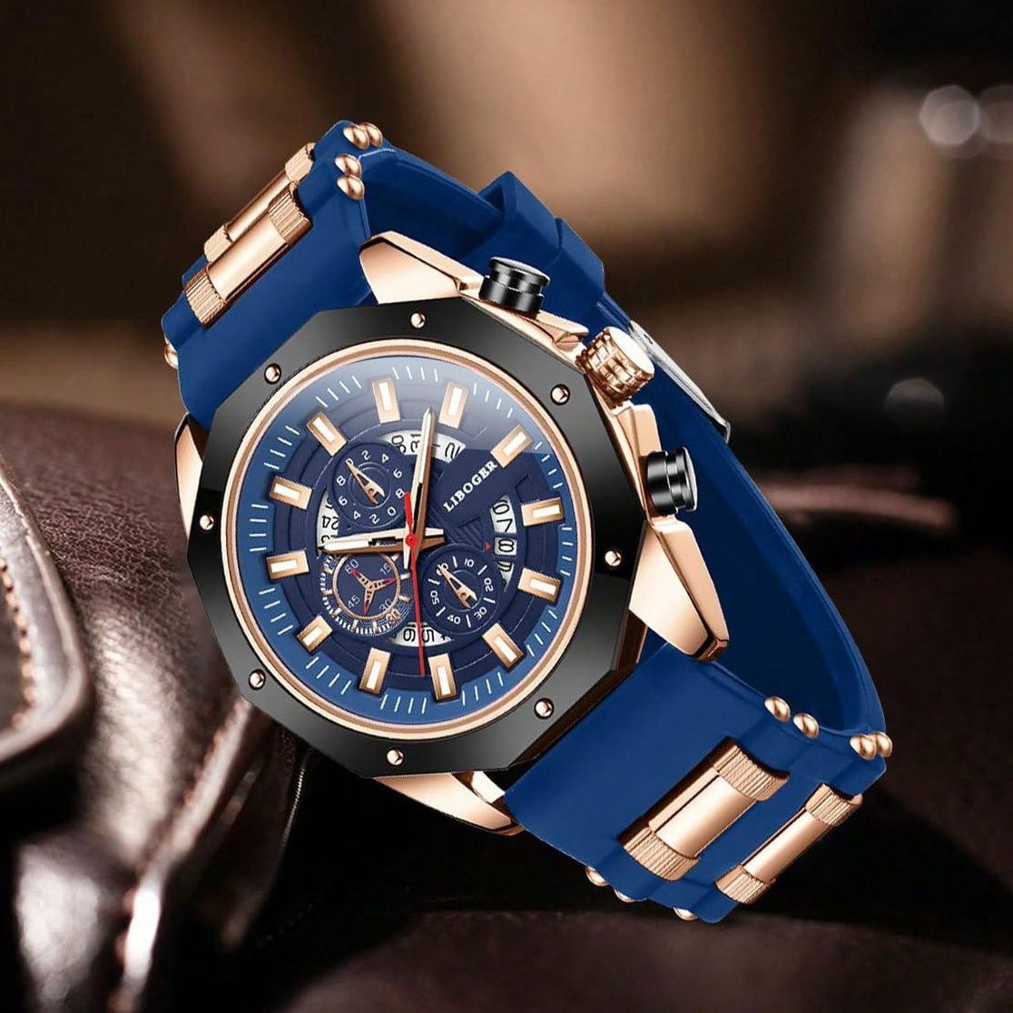 Men's Business Quartz Watch with Date Calendar, Large Blue Dial & Rose Golden Accents - Durable Silicone Strap, High Quality Casual & Formal Wristwatch for Men, Professional Timepiece, Sturdy Construction