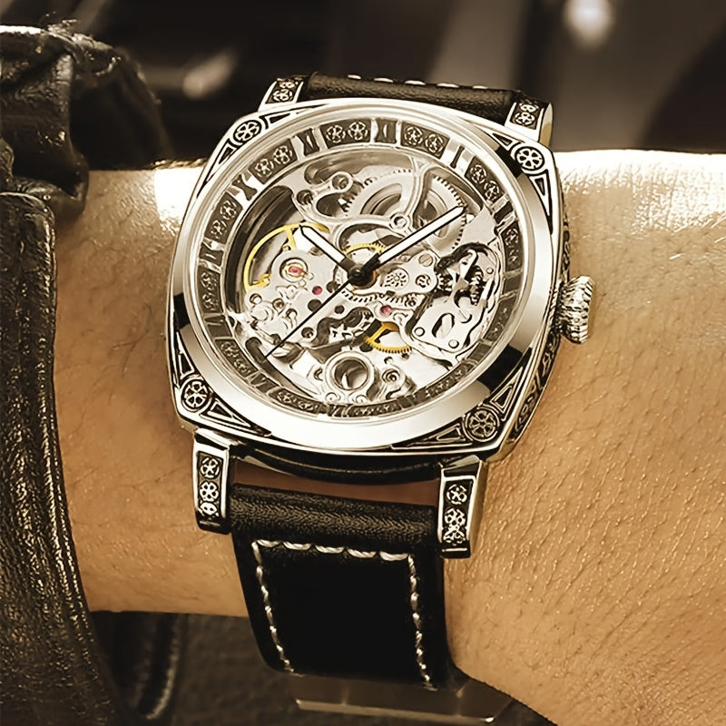 Men'S Golden Automatic Mechanical Watch with Hollowed-Out Skull Dial, Roman Numerals & World Time Function - Luxury Round Formal & Casual Wristwatch with Black Faux Leather Strap, Mechanical Movement, No Battery Needed, Forma