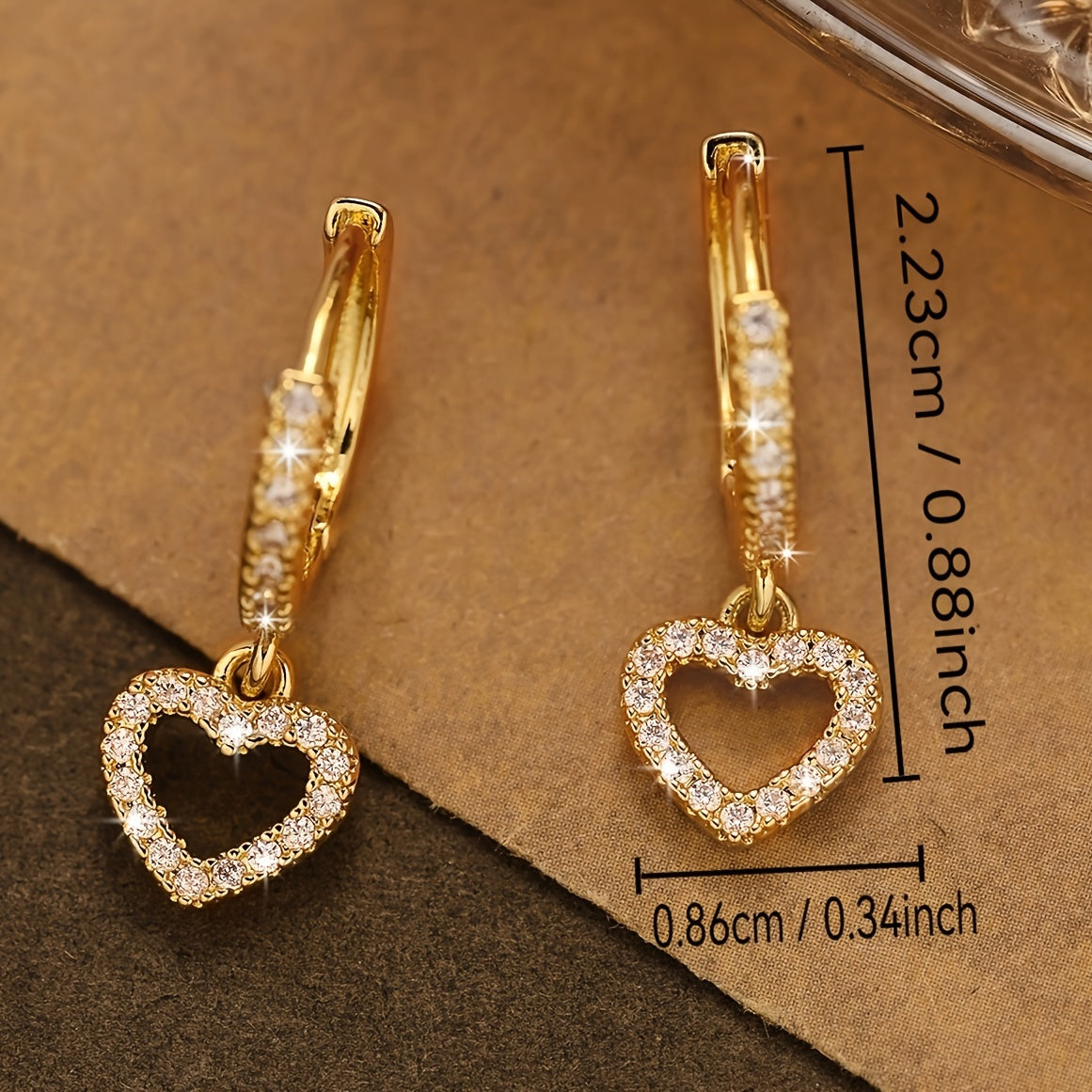 18K Golden Plated Copper Hoop Earrings with Heart Drop Pendant, Synthetic 3A Zirconia, Simple Sexy Style, No Power Required, Ideal for Daily Wear and Gift-Giving