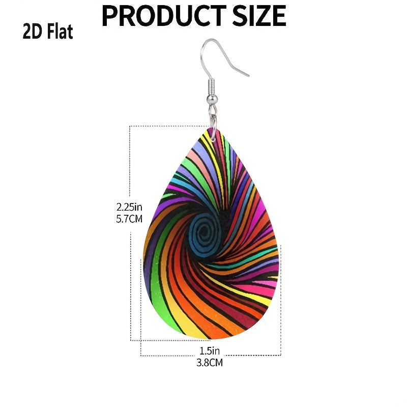 2D Flat - 1 Pair Bohemian Style Colorful Vortex Women'S Earrings with Dizzying Design and Faux Leather Pendant, 2D Flat