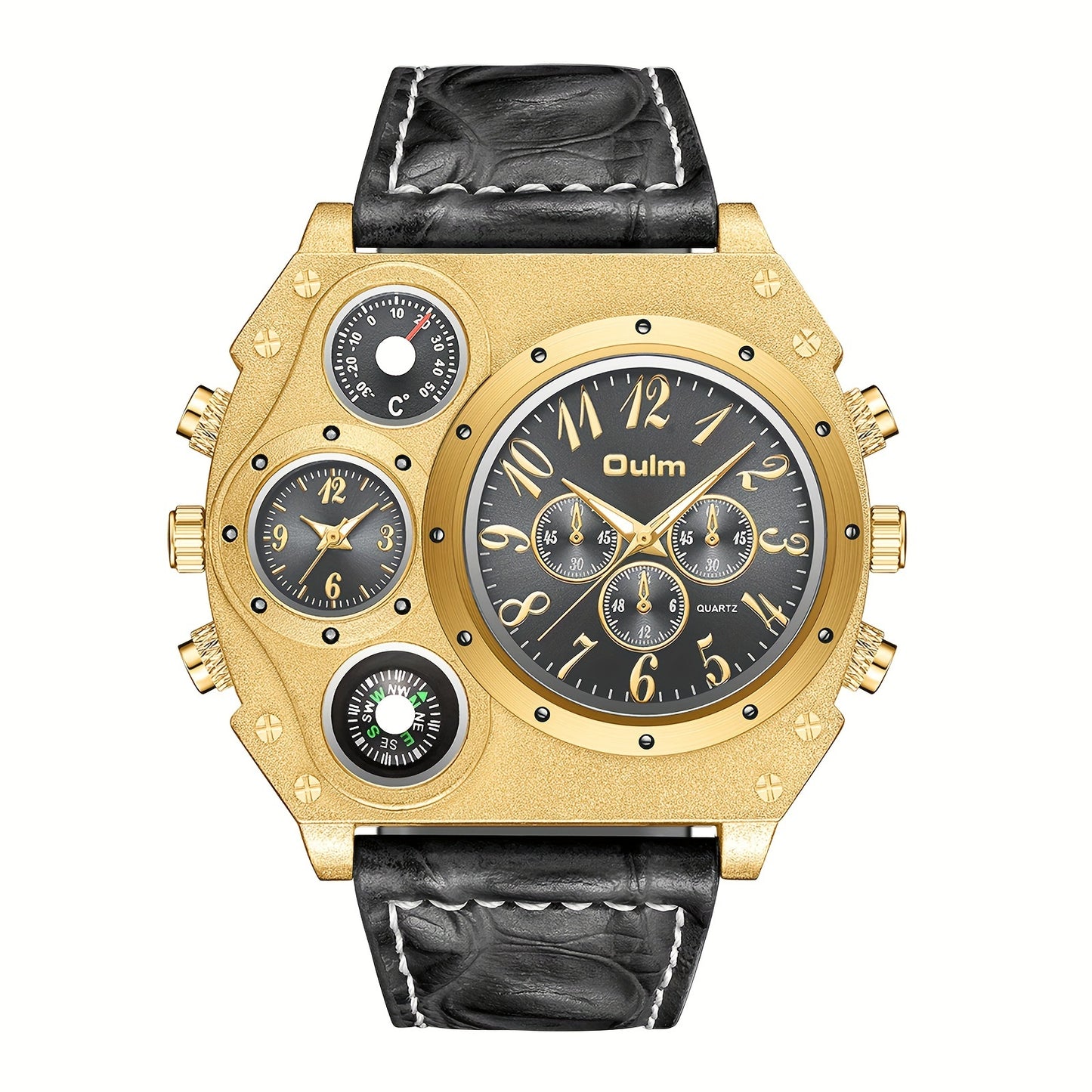 Men 2 Time Zone Big Quartz Watch Mens Faux Leather Wrist Watch Casual Sports Wirstwatch