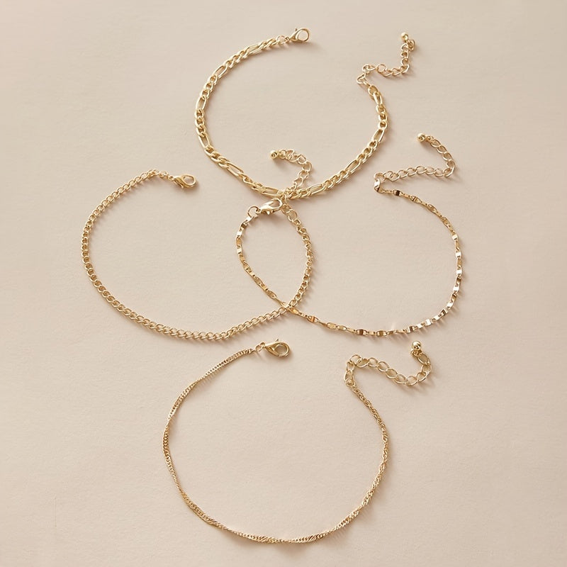 Four-piece Set of Fashionable and Simple Chain Anklets, Metal Alloy Foot Chain Set