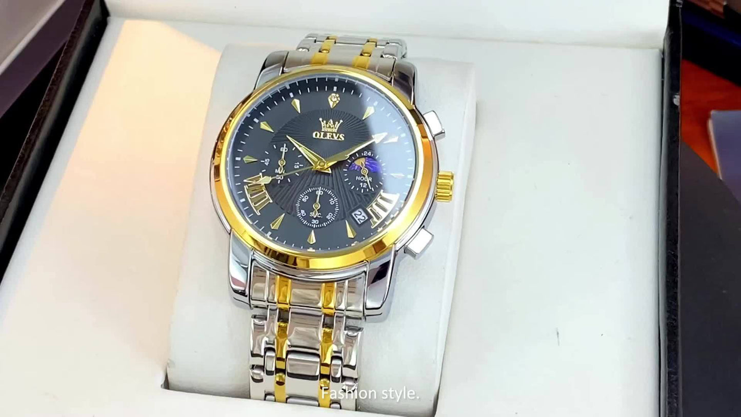 OLEVS Watch for Men Chronograph Stainless Steel Case Analog Quartz Fashion Business Dress Large Face Men Watch Day Date Luminous Waterproof Casual Male Wrist Watch