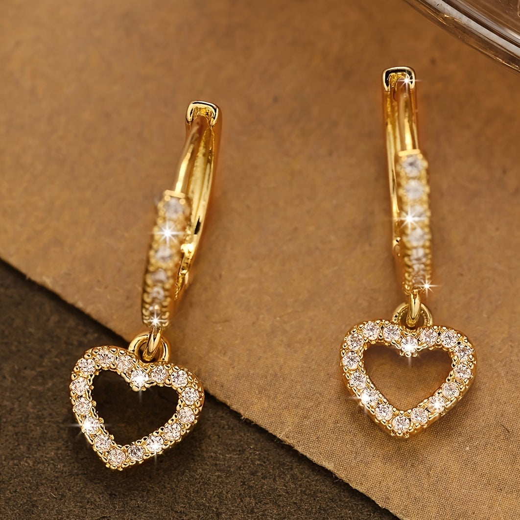 18K Golden Plated Copper Hoop Earrings with Heart Drop Pendant, Synthetic 3A Zirconia, Simple Sexy Style, No Power Required, Ideal for Daily Wear and Gift-Giving