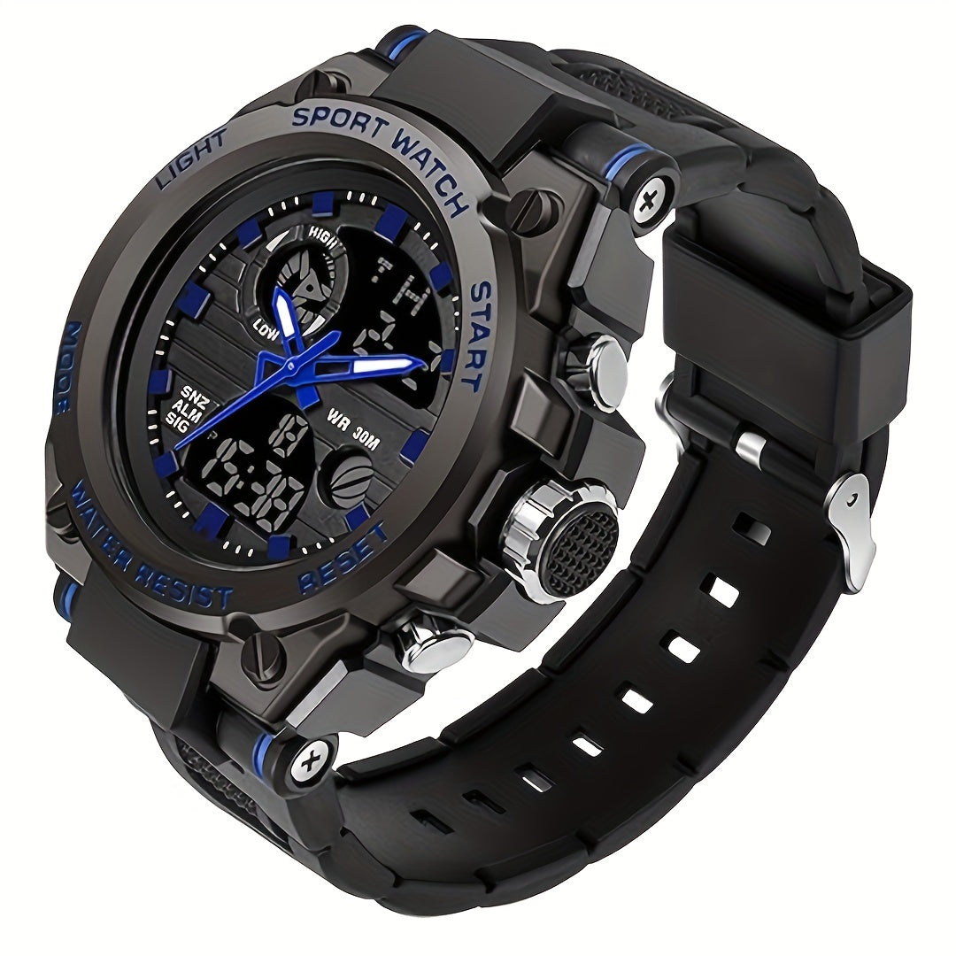 Rugged Men's LED Digital & Analog Sports Watch - to 30m, Stopwatch, Dual Display, Durable Black Resin Band, Zinc Alloy Case, for Outdoor Adventures